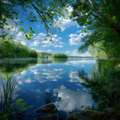 Serene Lakeside Landscape Viewed from an Oblique Angle Featuring Lush Greenery and Reflective Waters