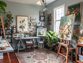 Cozy and Inspiring Artist' Studio Filled with Assorted and Art Materials Vibrant Creative Workspace Perfect for Artistic Inspiration