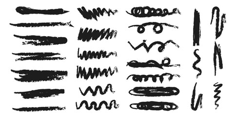 Hand drawn grunge charcoal line, scribble, scrawl. Set of  doodle scrawl elements. Different curly lines and squiggle. Editable stroke.