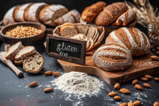 Variety of freshly baked gluten-free breads displayed on a rustic table with a chalkboard sign, surrounded by ingredients. Assorted Gluten-Free Breads on Rustic Table - Powered by Adobe