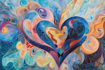 Merge elements of the mind and body in an abstract composition patterns, heart shapes, and calming hues to convey equilibrium