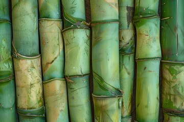 The bamboo trunks are in a row pressed tightly against each other. Full frame shot of bamboos.