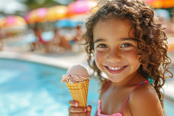 Smiling girl holding ice cream cone by the pool on a sunny day, showcasing summer joy and leisure.