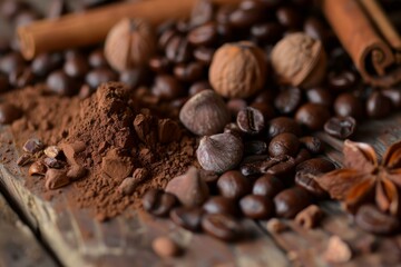 Closeup of coffee beans, cocoa powder, and spices, evoking a warm, rich aroma