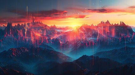 A futuristic city bathed in the glow of a vibrant sunrise, with towering structures rising from a misty landscape.