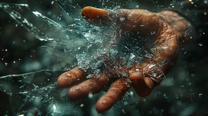 A hand reaches out amidst shattered glass, reflecting a sense of vulnerability and fragility.