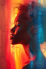 A profile portrait of a woman with curly hair, illuminated by vibrant, colorful lights. Her expression is serene and enigmatic.