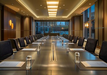 Modern meeting room interior with large windows office chairs and large table  interior conference room Business meeting Office building business meeting concept