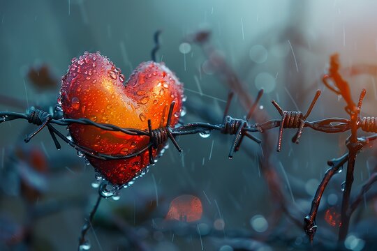 A red heart, glistening with raindrops, is caught on a barbed wire fence. The image evokes feelings of hope and resilience in the face of adversity.