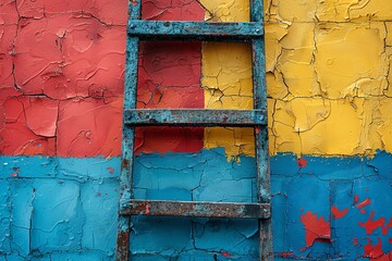 Naklejka premium A weathered ladder leans against a colorful wall with red, yellow, and blue paint