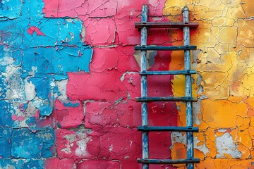 A weathered wooden ladder leans against a colorful brick wall, painted in vibrant hues of blue, pink, and yellow.