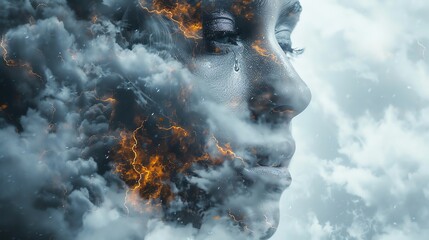 A woman's face emerges from a swirling mass of smoke and fire, creating a powerful and evocative image.