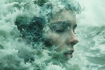 A woman's face emerges from churning water, her expression serene amidst the chaos.