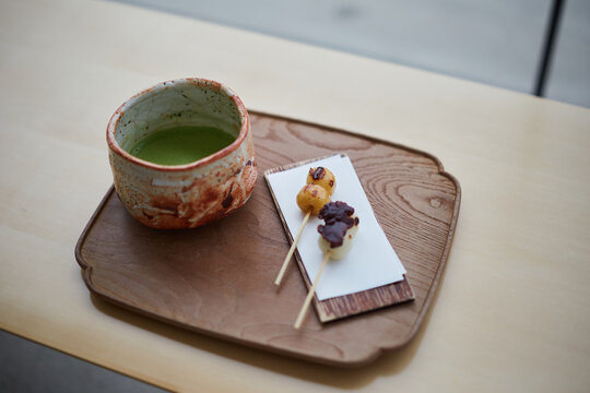 Sweet And Savory Japanese Snacks With Matcha Tea In Osaka, Japan.