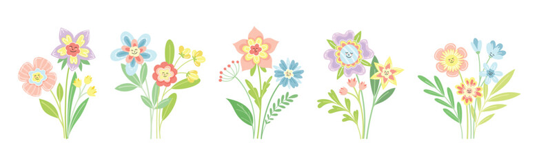 Smiling Flowers on Stalk with Petal and Green Leaf Vector Set
