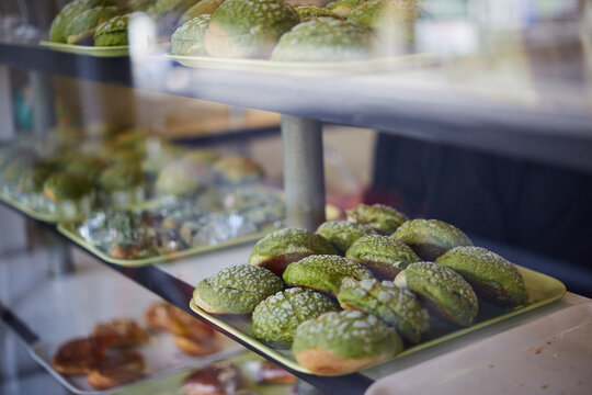Matcha Green Tea Bread On Display In a Shop Window In Uji, Japan.