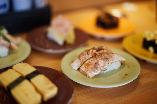 Fatty Salmon Sushi At A Restaurant In Uji, Japan.