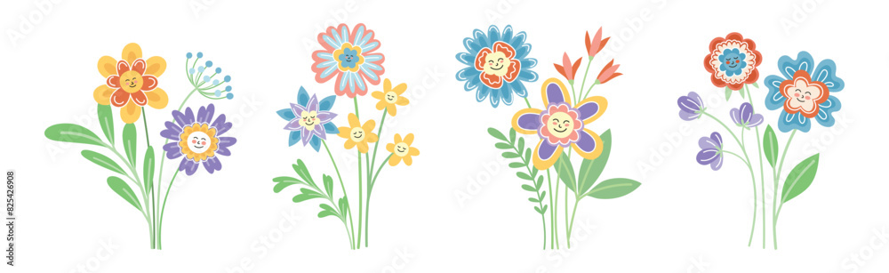 Wall mural Smiling Flowers on Stalk with Petal and Green Leaf Vector Set