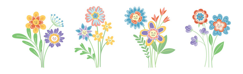 Smiling Flowers on Stalk with Petal and Green Leaf Vector Set