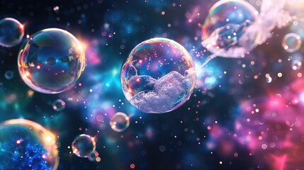 Fototapeta premium Beautiful transparent shiny background of rainbow soap bubbles. Festive background. Fantastic, cosmic texture.
