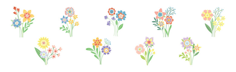 Smiling Flowers on Stalk with Petal and Green Leaf Vector Set