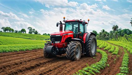 Obraz premium Red tractor on a plantation. A tractor plows a field. AI generated