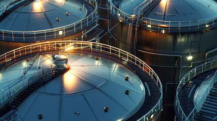 Aerial view of gas tanks of petrochemical industry close-up, oil storages of chemical petroleum factory. Concept of fuel, refinery plant, technology, energy.