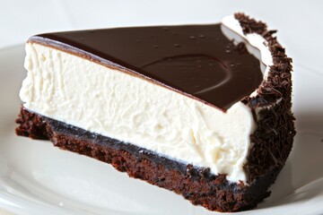 Rich slice of cheesecake with a chocolate crust, covered with a glossy chocolate glaze - Powered by Adobe