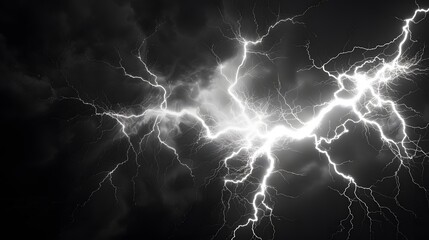 Black and white image of an intense lightning strike illuminating the dark sky, showcasing nature's raw power and energy.