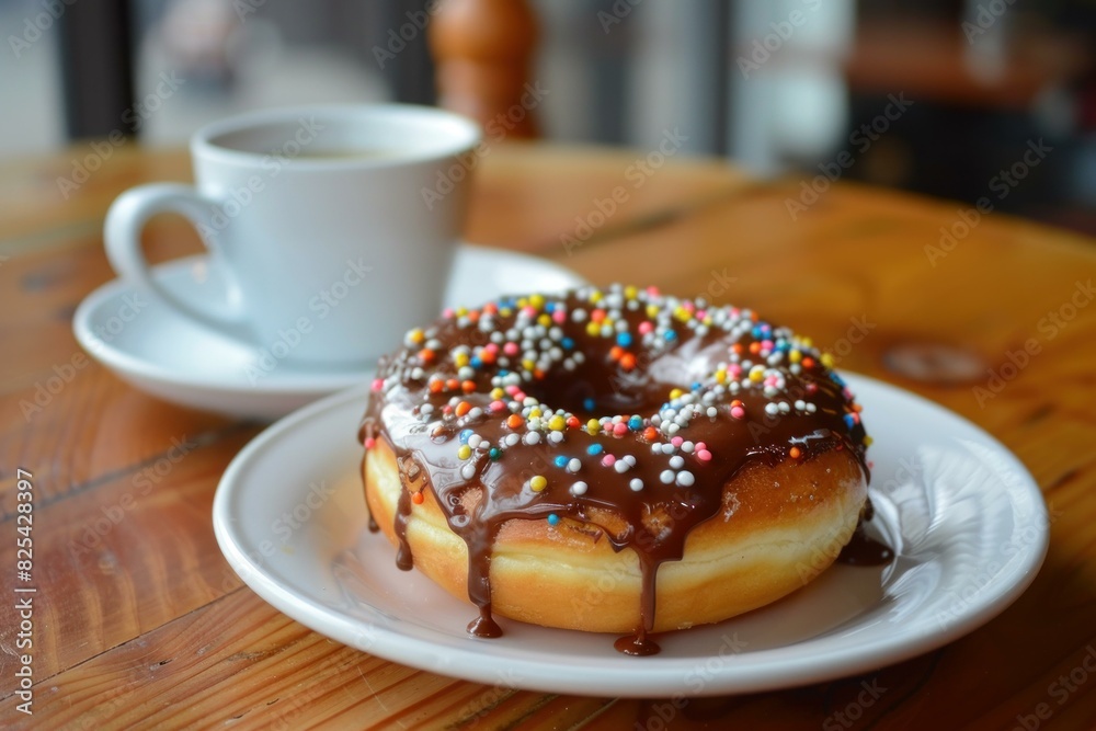 Sticker Tempting chocolate glazed donut adorned with colorful sprinkles beside a cup of hot coffee