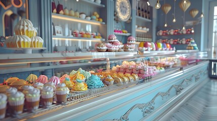 A beautifully decorated pastry shop with an array of colorful desserts. 8k, realistic, full ultra HD, high resolution and cinematic photography