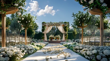 A beautifully set outdoor wedding venue with floral decorations. 8k, realistic, full ultra HD, high...