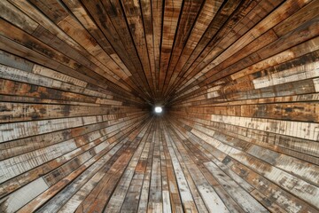 A wooden tunnel with a light shining through it