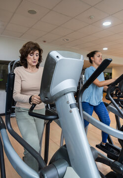 Women exercising on elliptical machines in gym
