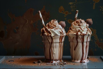 Luxurious chocolate milkshakes topped with whipped cream and chocolate balls, perfect for a sweet treat