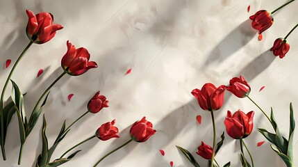 Generate a digital composition of tulips seen from above against a plain backdrop, leaving room on one side for text insertion