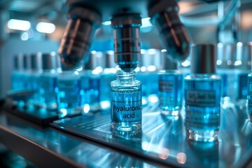 Close-up of a bottle labeled "hyaluronic acid" under a microscope in a laboratory, highlighting scientific research and skincare. Hyaluronic Acid in Laboratory Setting
