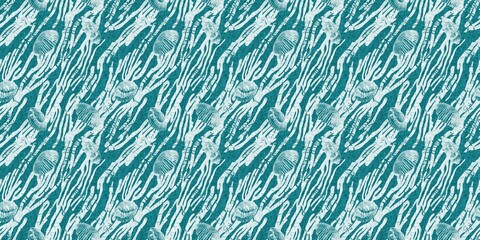 Teal turquoise blue white shell motif with linen seamless batik border background. Modern coastal beach cottage rustic shell block print home decor pattern design in sealife banner beach style. 