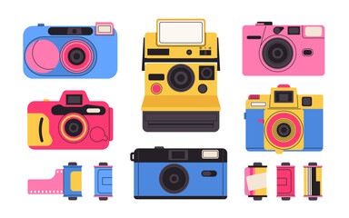 Retro film photo camera isolated on white background. Old vintage analog disposable photo camera. Hand-drawn colored flat vector illustration