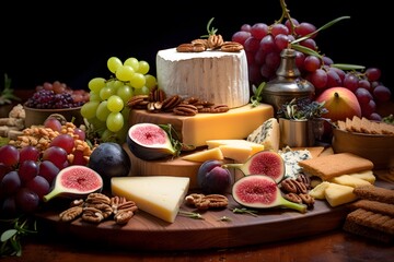 Elegant cheese platter with assorted fruits, nuts, and crackers.	Elegant cheese platter with assorted fruits, nuts, and crackers.