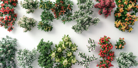Isolated white background with top view of multiple bushes and flowers, 3d rendering illustration, cutout, PNG file isolated on the transparent or clean background.