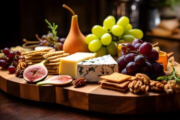 Elegant cheese platter with assorted fruits, nuts, and crackers.	Elegant cheese platter with assorted fruits, nuts, and crackers.