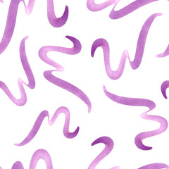 Native geometric curves. Flying wavy lines. Purple squiggles seamless pattern. Abstract brush strokes in dopamine color. Scribble for party, birthday package. Watercolor illustration