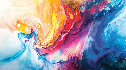 A vibrant abstract painting featuring swirling colors, blending hues of blue, red, yellow, and white, creating a dynamic, fluid composition.