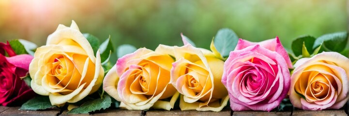 Obraz premium A booker of roses on the wet wooden floor. The banner. Romantic atmosphere.