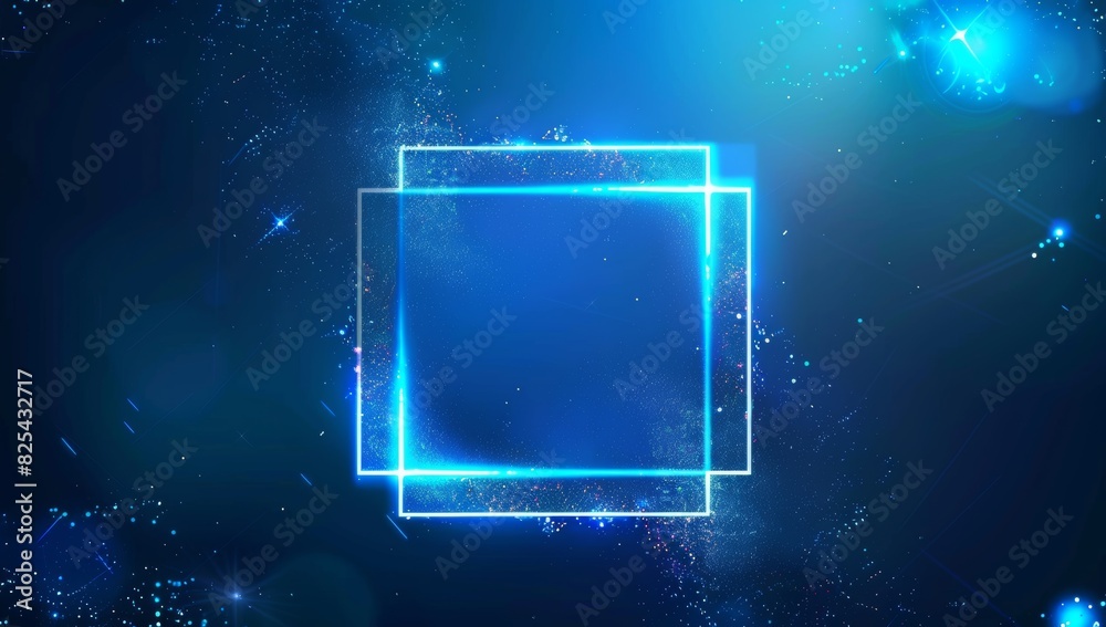 Poster abstract blue background with neon light square frame, copy space for text modern technology design 