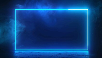 Abstract blue glowing light background with neon frame, dark background for presentation design, web banner Generative AI