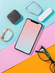 A social media post mockup displayed on a smartphone lying on a vibrant background with tech accessories, suitable for digital marketing or tech reviews.