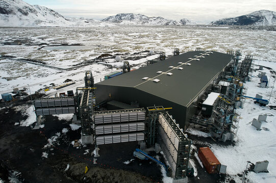 Carbon capture and storage technology, climeworks Iceland, aerial shot