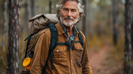 photo of a 50 year old man taking a brisk walk through a path in a forest, he looks very handsome --chaos 20 --ar 16:9 --stylize 700 Job ID: acba8a81-a433-4e23-b72b-47d62a420b9d